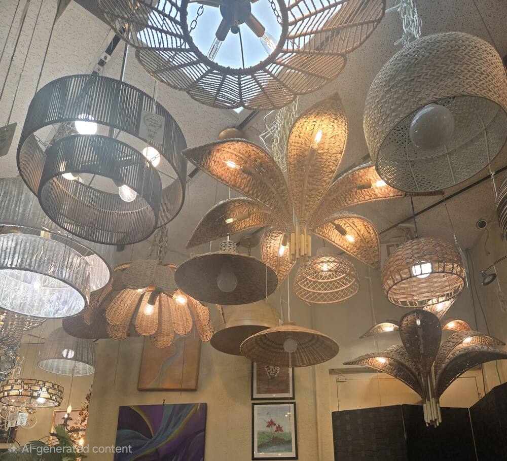 Woven boho pendant lights near the showroom skylight