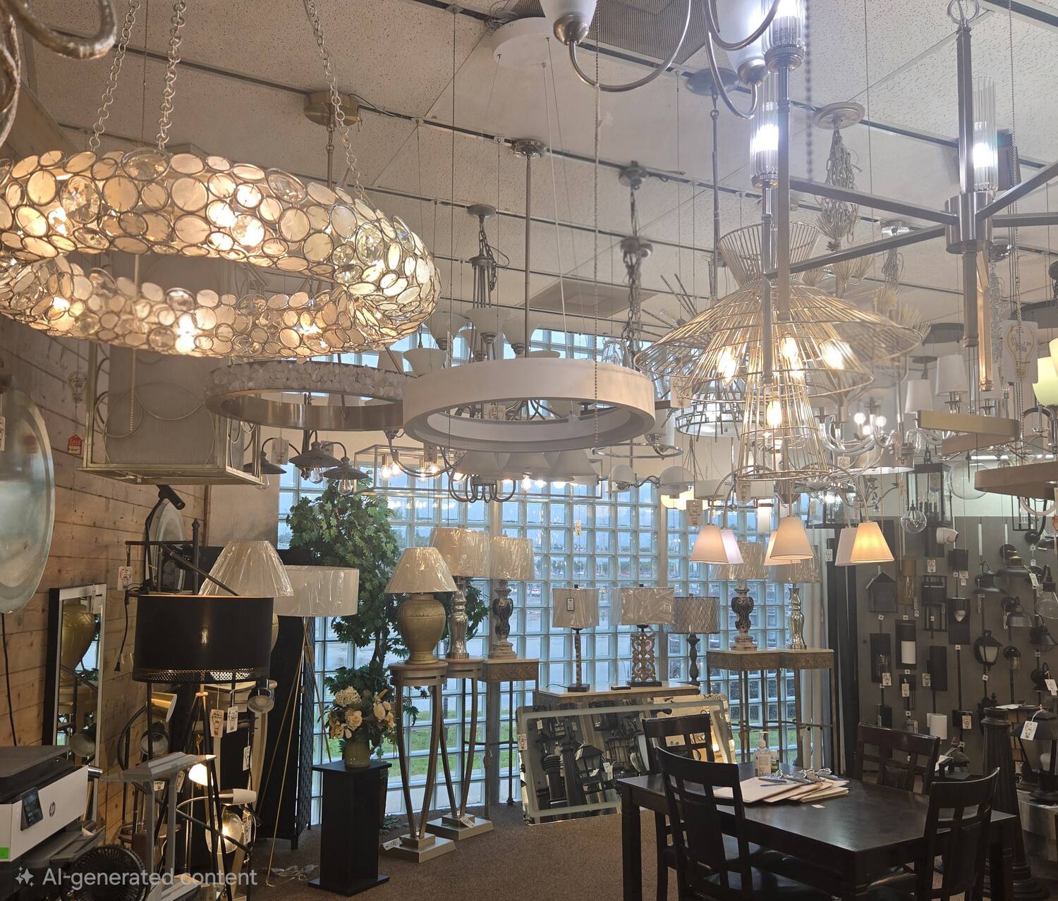 Atmospheric view of chandeliers and lamps in the Wholesale Lighting showroom